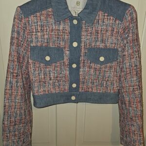 House of Harlow Women's Sz S Tweed Denim Jacket Pink Red Blue Cropped Casual NWT